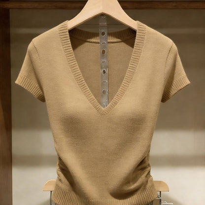 Women's khaki short-sleeve V-neck ice silk knit top featuring a slim-fit design, ribbed texture, and lightweight finish, viewed from the front against a neutral background.