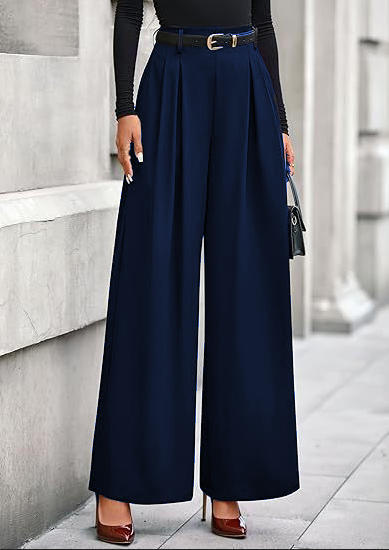 Women's pleated wide-leg trousers in dark blue featuring a slimming drape silhouette, structured front pleats, and an adjustable belted waist.