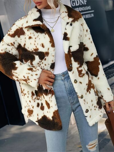 Trendy Black White Cozy Cow Print Collared Neck Button Up Fuzzy Jacket Modern & Warm Outerwear