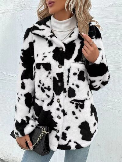 Trendy Black White Cozy Cow Print Collared Neck Button Up Fuzzy Jacket Modern & Warm Outerwear