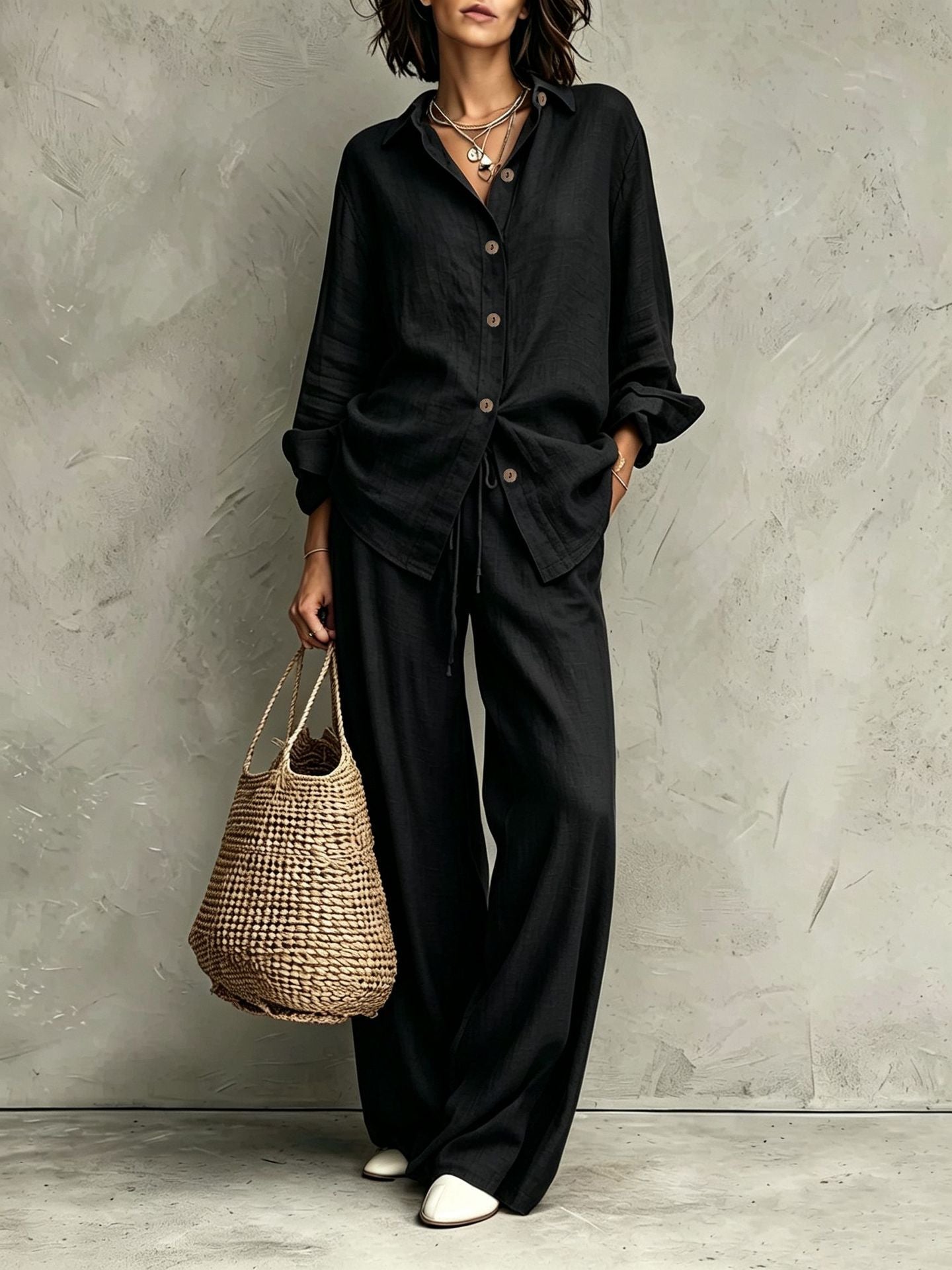 Women's button-down shirt and wide-leg pants set in black – full outfit front view showing relaxed casual silhouette and straw bag