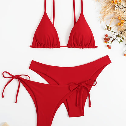 Essential Edge 3-Piece Bikini Set for Women – Solid Color High-Cut Triangle Top Two-Style Bottoms with Side Lace-Up Design & Quick-Drying Comfort – Versatile Women's Swimwear for Summer Pool Beach & Travel