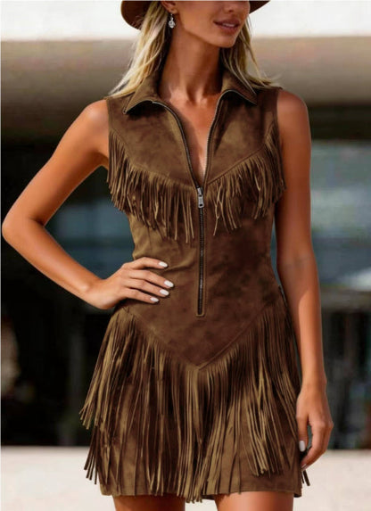 Women's dark brown sleeveless suede western midi dress featuring a collared zip-front neckline, fringe tassel detailing, and a matching brown cowboy hat.