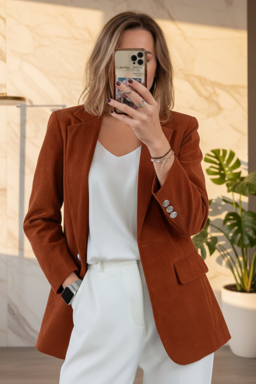Women's corduroy blazer in slim-fit silhouette with front button closure and lapel detail