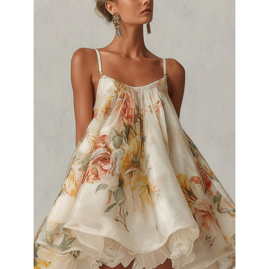 Women's Floral Print Spaghetti Strap Ruffle Neck Layered Lace Hem Mini Dress in White