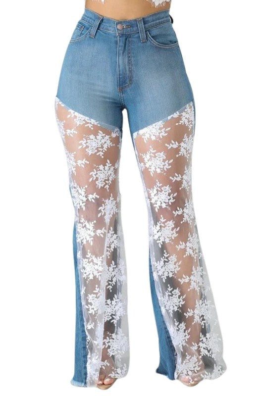 GJG Denim |Lace Bell Bottom Jean in Medium Wash