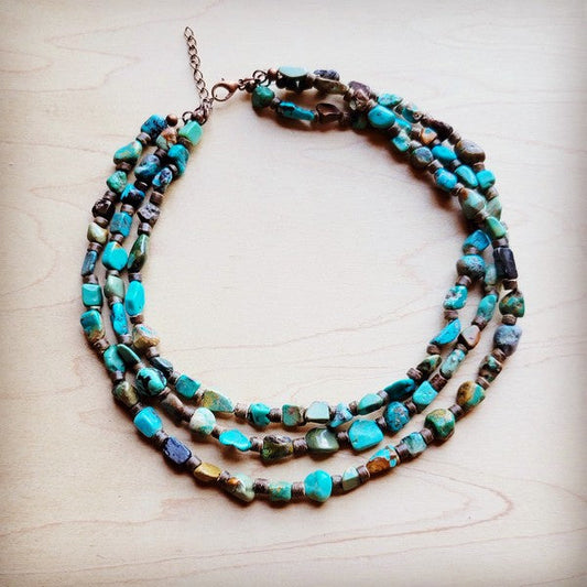 Genuine HuBei Turquoise & Wood Triple Strand Necklace