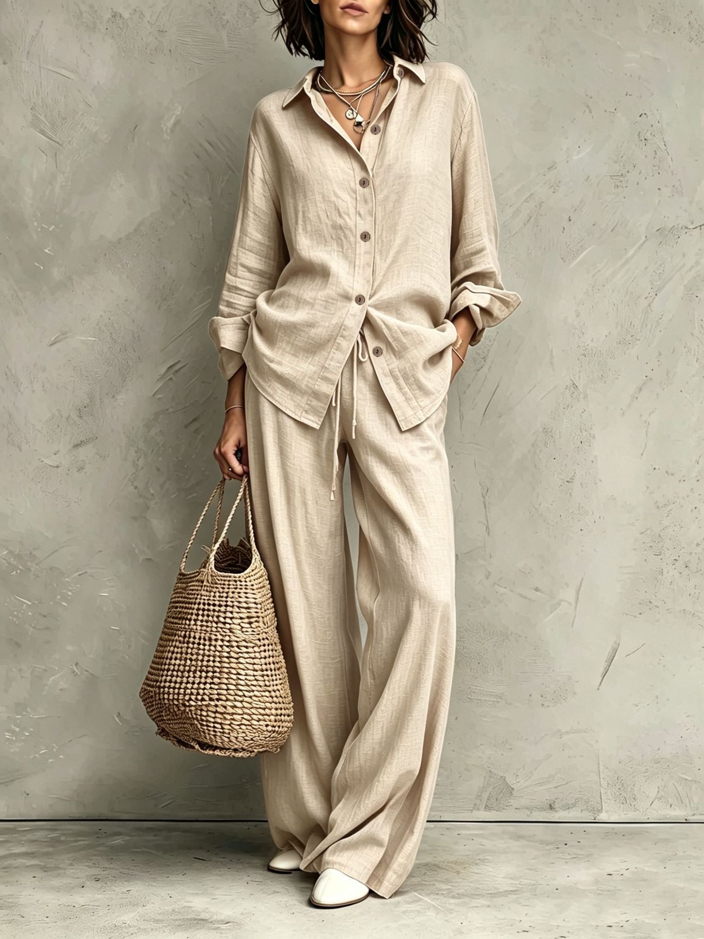 Women's button-down shirt and wide-leg pants set in apricot – full outfit front view showing relaxed casual silhouette and straw bag