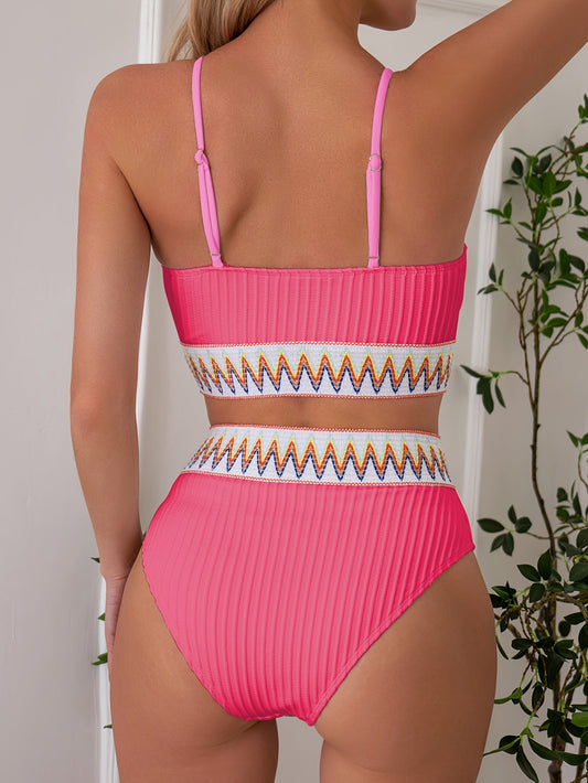Bikini Scoop Neck High Waist 2 Piece Swimsuit for Women – Chic Solid Color Bikini Set with Contrast Band Detail – Stretchy Comfortable Flattering Swimwear for Beach Pool and Summer Vacation