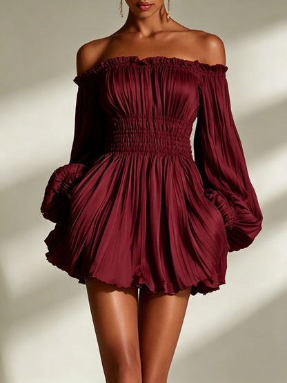 Women's burgundy off-shoulder pleated mini dress with smocked waist and puff sleeves