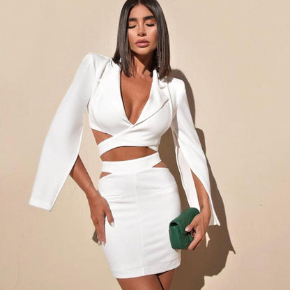 Chic White V-Neck Suit Set