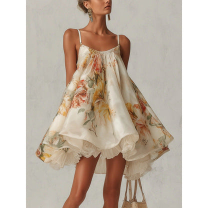Back view of Women's Floral Print Spaghetti Strap Ruffle Neck Layered Lace Hem Mini Dress
