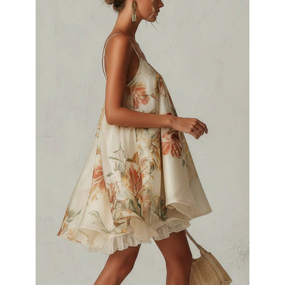 Side view of Women's Floral Print Spaghetti Strap Ruffle Neck Layered Lace Hem Mini Dress on model