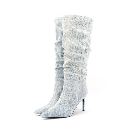 White Denim High Heel Tall Boots