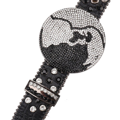 Black Strap Earth World Buckle Belt With Silver & Black Studded Rhinestone