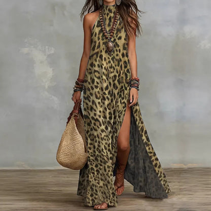 Women's Printed Scarf-Style Maxi Dress – Sleeveless, Split, Loose Boho