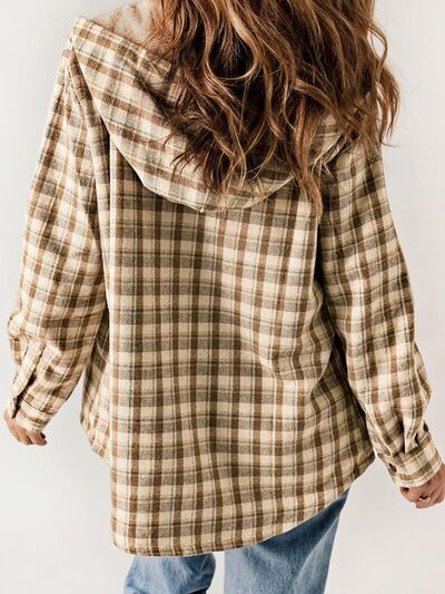 Plaid Snap Down Plush Hooded Jacket Soft & Warm Women Outerwear Cozy And Comfortable Jacket
