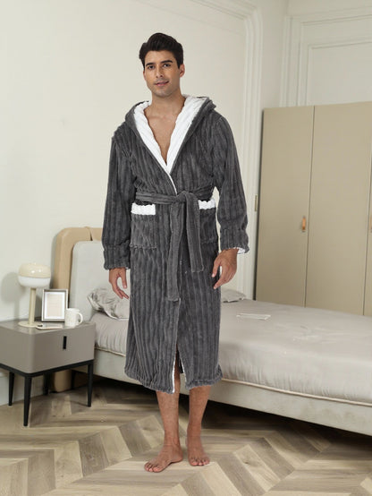 Thick Night-robe Flannel Men's Long Hooded Lace Bathrobe