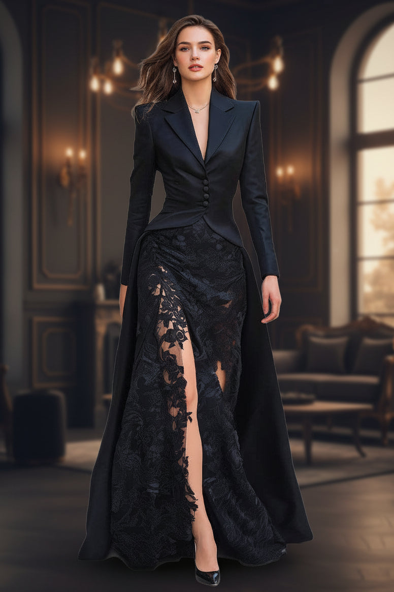 Women's black two-piece set featuring a long-sleeve top with a white lace lapel collar and a high-waisted flowing long skirt.