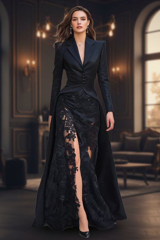 Women's black two-piece set featuring a long-sleeve top with a white lace lapel collar and a high-waisted flowing long skirt.