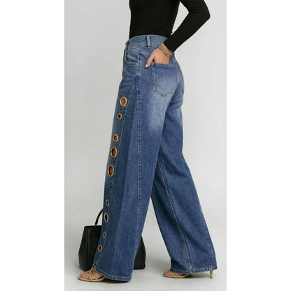 Women's Dark Blue Metal Eyelet High Waist Loose Wide-Leg Jeans - Side and Back View