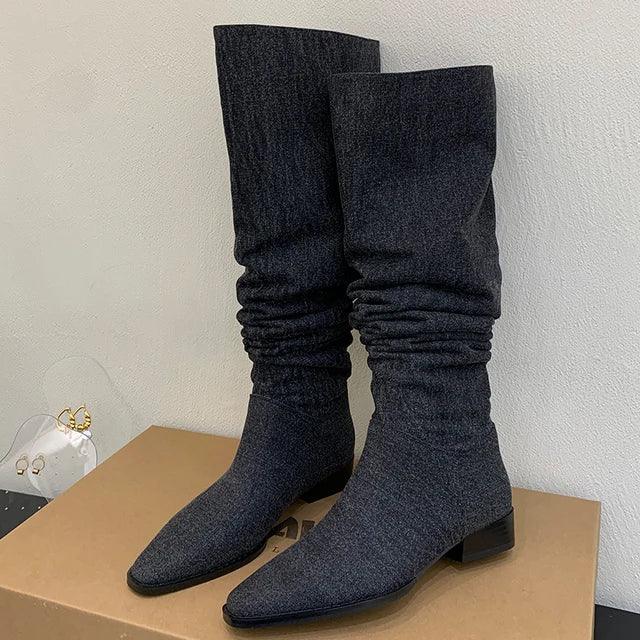 Women’s Denim Knee High Boots - Casual Cowboy Style
