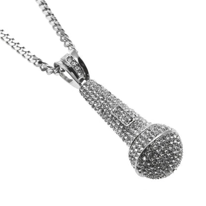 Hip-hop diamond-encrusted microphone necklaces.