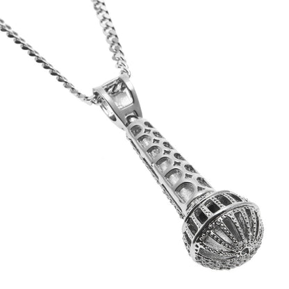 Hip-hop diamond-encrusted microphone necklaces.
