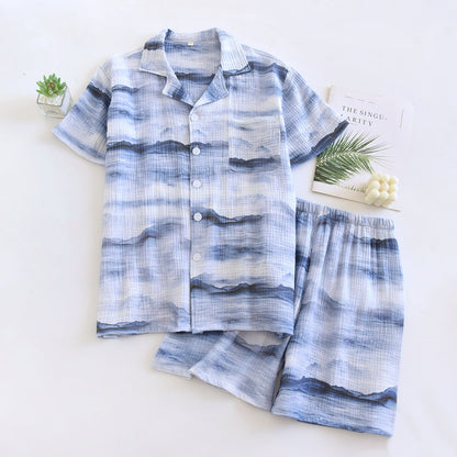 Cotton Double Yarn Crepe Short Sleeve Shorts Men's Pajamas Suit