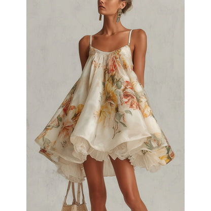 Editorial resort styling shot of Women's Floral Print Spaghetti Strap Ruffle Neck Layered Lace Hem Mini Dress