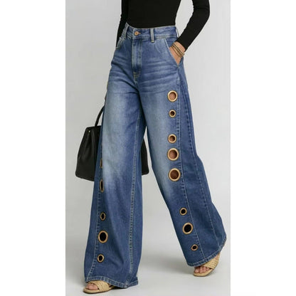 Women's Dark Blue Metal Eyelet High Waist Loose Wide-Leg Jeans
