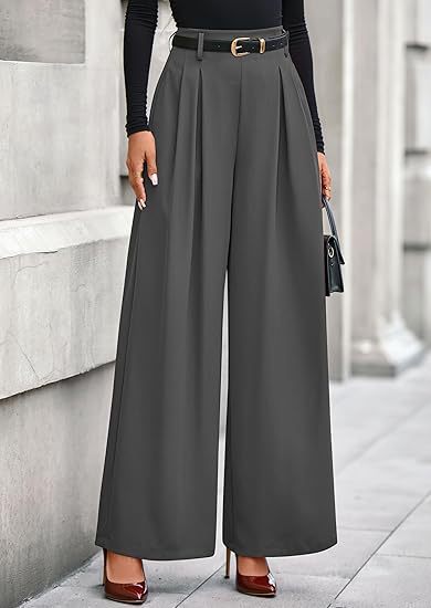 Women's pleated wide-leg trousers in dark gray featuring a slimming drape silhouette, structured front pleats, and a belted adjustable waist