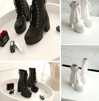 Collage of black and white chunky-heel lace-up Martin boots displayed on a white studio surface alongside small cosmetic items.