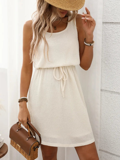 Breezy Waffle-Knit Drawstring Mini Tank Dress