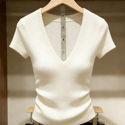Women's white short-sleeve V-neck ice silk knit top featuring a slim-fit design, ribbed texture, and lightweight finish, hanging on a wooden hanger.