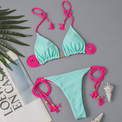 New Festival Flame Halter Bikini Set for Women – Triangle V-Neck Backless Two-Piece Swimsuit with Tie Side Bottoms & Adjustable Lace-Up Fit – Sleek Polyamide Swimwear for Koningsdag/King’s Day & Summer Beach Celebrations