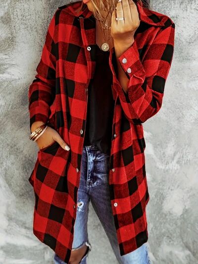 Deep Red Plaid Collared Neck Snap-Down Long Sleeve Jacket – Classic & Trendy Outerwear with Pockets
