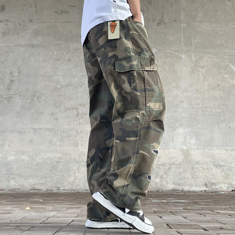 Mens American-style Streetwear Retro Loose Straight-fit Camouflage Work Pants