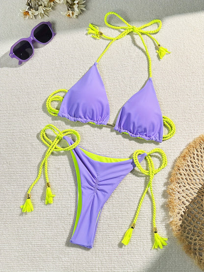 New Festival Flame Halter Bikini Set for Women – Triangle V-Neck Backless Two-Piece Swimsuit with Tie Side Bottoms & Adjustable Lace-Up Fit – Sleek Polyamide Swimwear for Koningsdag/King’s Day & Summer Beach Celebrations
