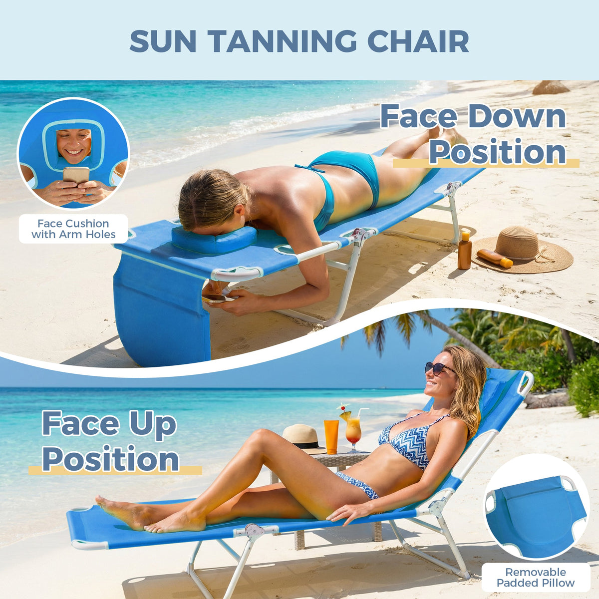 Ainfox 2PCS Folding Chaise Lounge Chair, Patio Sun Tanning Lounger Reclining Back