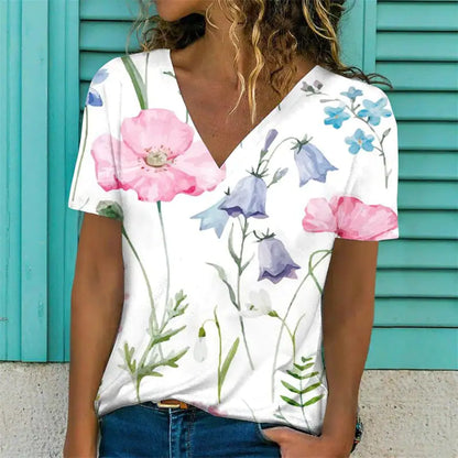 Women's Casual V-Neck T-Shirt with Floral Print