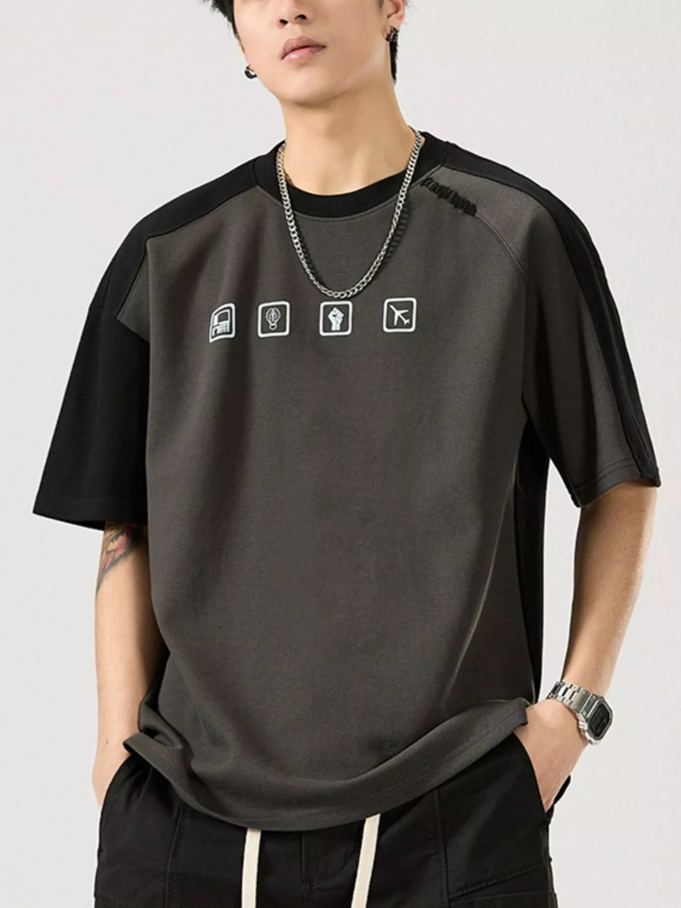Men's Full Size Contrast Sleeve Casual T-Shirt Plus Size