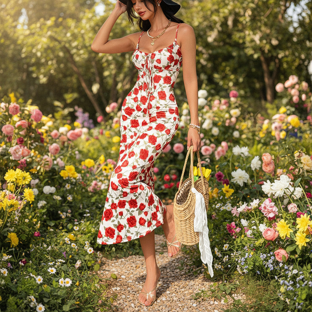 Women's white spaghetti strap maxi dress featuring a vivid red floral rose print, lace-up sweetheart bodice, and flared mermaid hem.