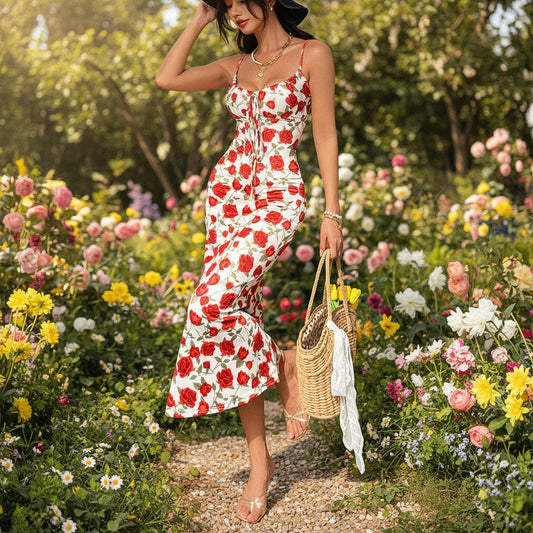 Women's white spaghetti strap maxi dress featuring a vivid red floral rose print, lace-up sweetheart bodice, and flared mermaid hem.