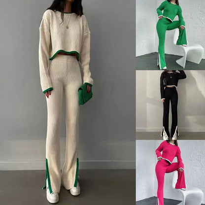 Collage showing a woman wearing a white knit two-piece set with green trim, alongside smaller thumbnail views of the same outfit in green, black, and pink colorways.