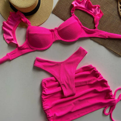Women's Solid Color Three-Piece Bikini Set