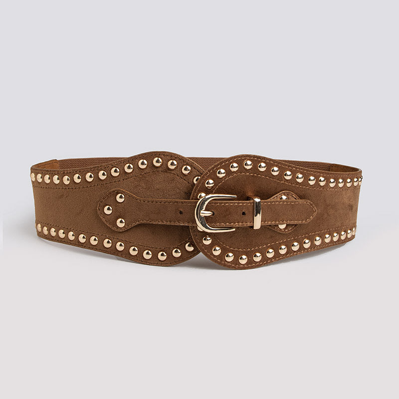 Women's Fashion Handsome Suede Rivet Elastic Wide Waist Seal Adjusting Western-style Elastic Belt