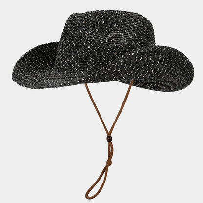 Women's Panama Straw Woven Sun Hat – Windproof Sequin Detail Beach Hat