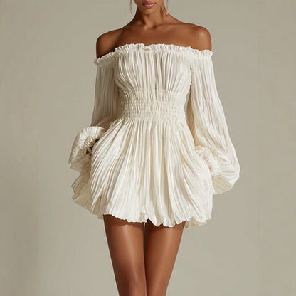 Women's burgundy off-shoulder pleated mini dress with smocked waist and puff sleeves