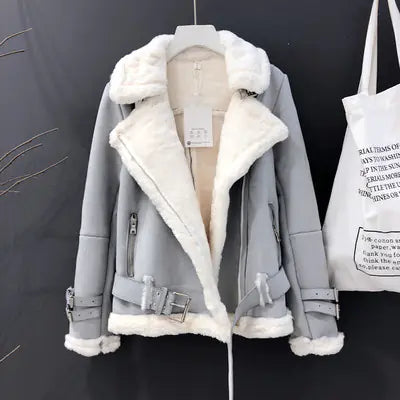 Lamb Wool Jacket, Thick Suede Leather Motorcycle Coat